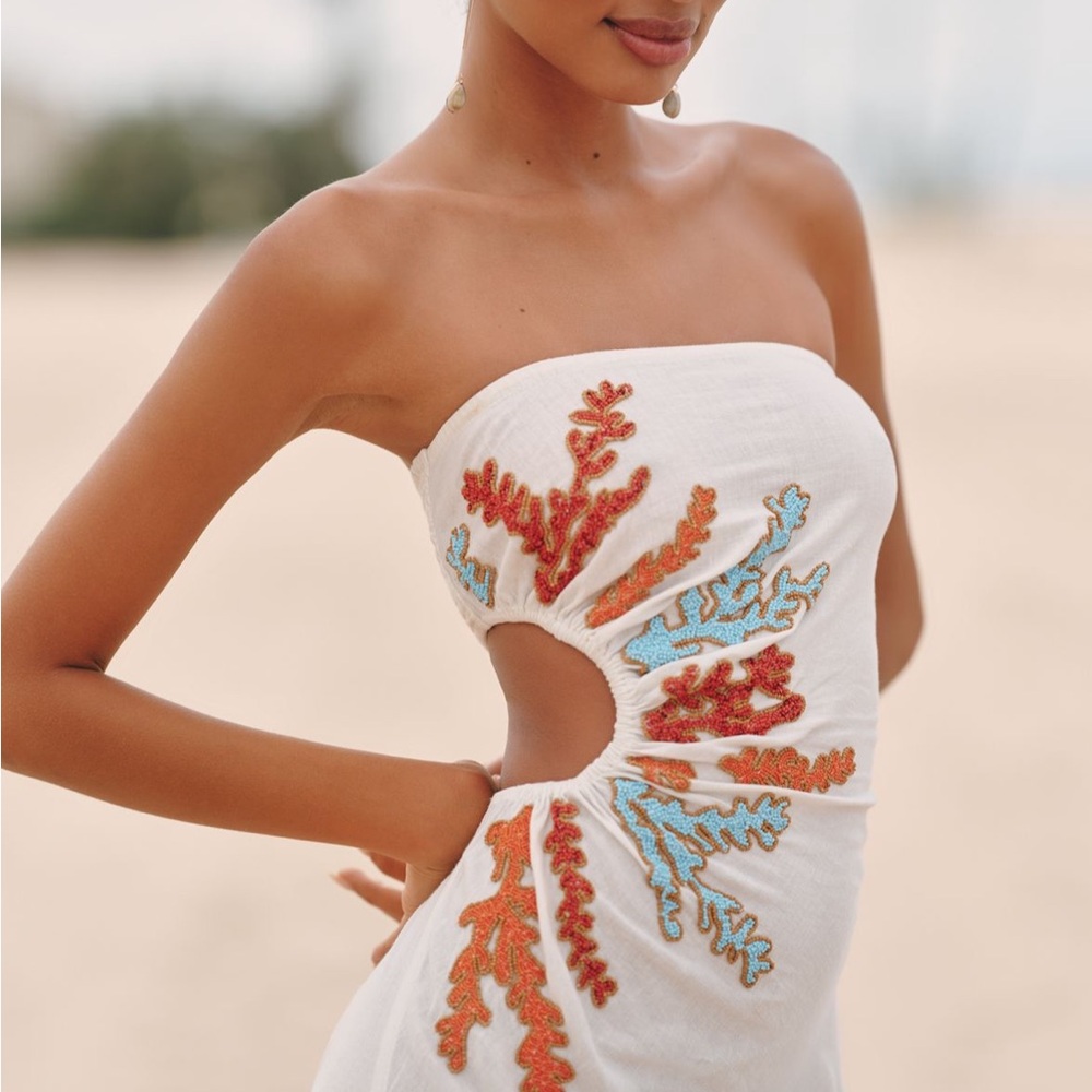 Strapless White Dress with Embroidered Design